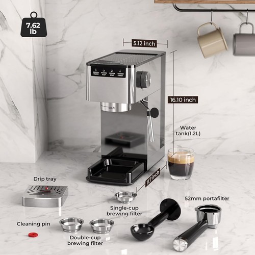 15-Bar Espresso Machine w/ Milk Frother – Home & Office Coffee Maker, 40oz Tank - Picture 7 of 9