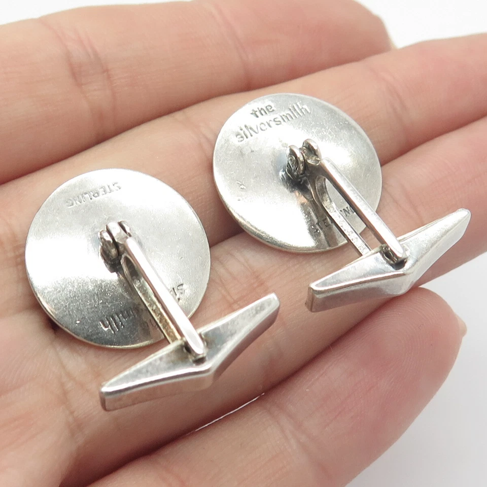 Gemelos redondos vintage de plata de ley 925 a rayas de platero Foto 3 de 4