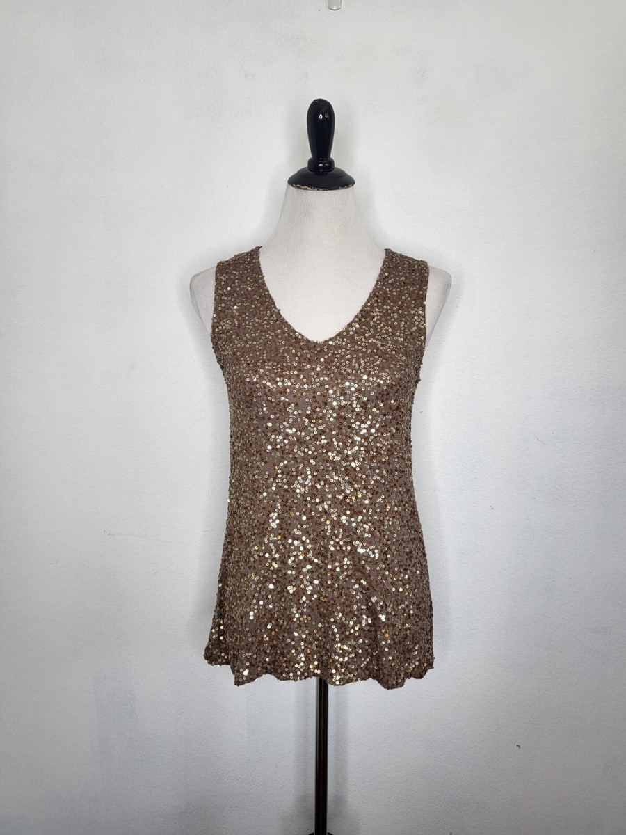 JIGSAW Top Women's Small V-neck Brown Sequins Sleeveless Tank