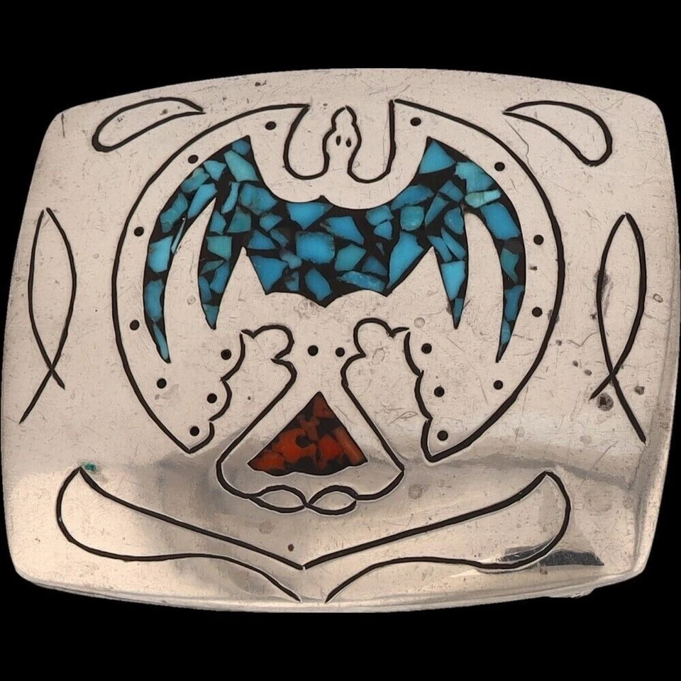 Turquesa Coral Peyote Pájaro N Plata Thunderbird Navajo Vintage Hebilla de Cinturón Foto 3 de 4