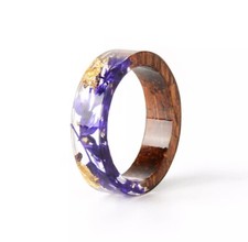 Women's Purple Flowers Handmade Wood Resin Ring 0256