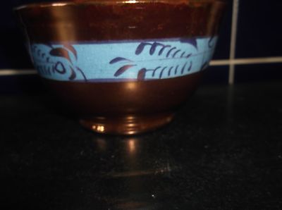 VINTAGE COPPER LUSTRE OPEN SUGAR BOWL BLUE HANDPAINTED PINK BAND 5''