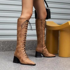 Vintage Womens Sqaure Toe Block Heel Knee High Riding Boots Zip Shoes Oversize