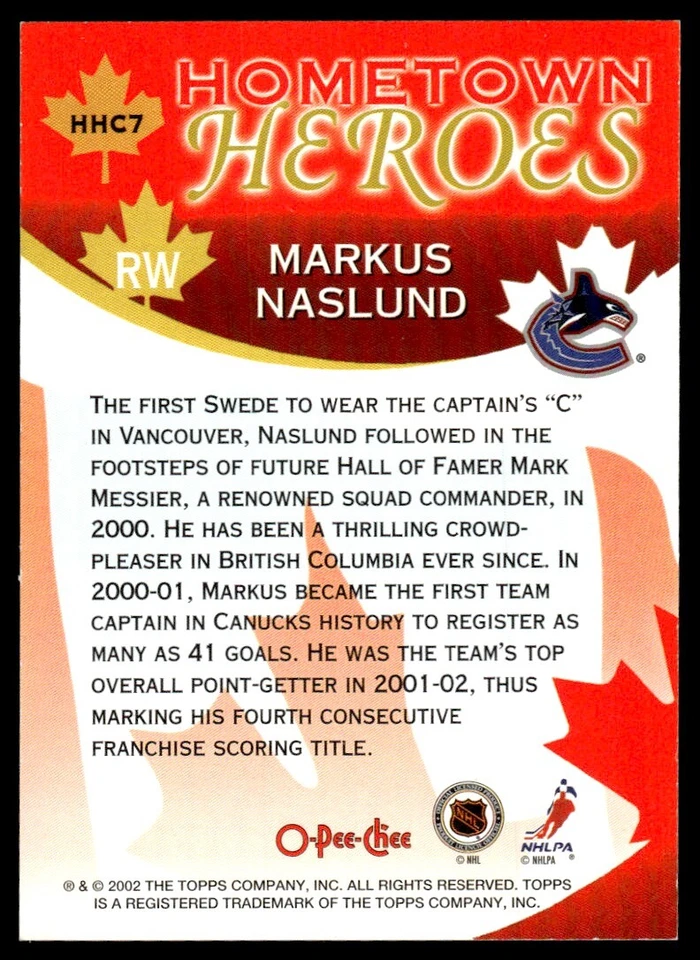 2002-03 O-Pee-Chee Hometown Heroes Canada Markus Naslund Vancouver Canucks #HHC7 - Image 2 of 2