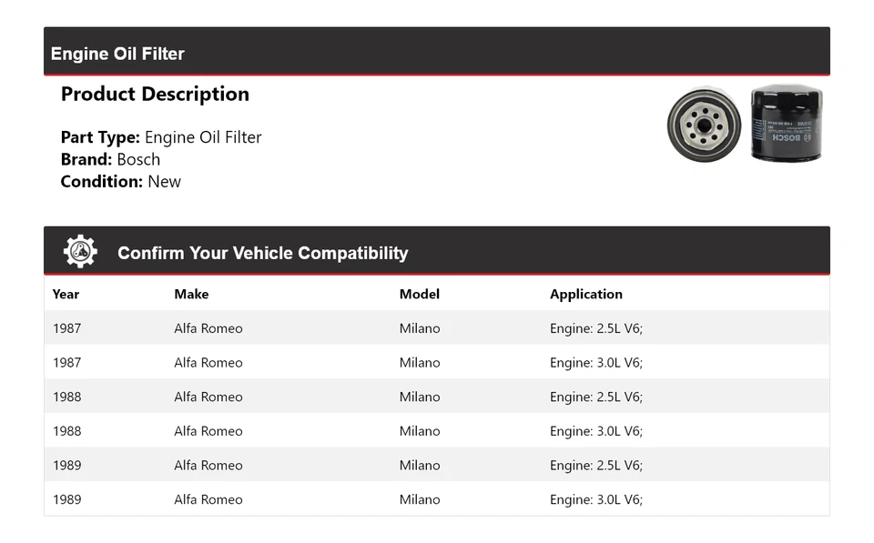 Filtro de aceite de motor Bosch 1988 para Alfa Romeo Milano 1987-1989 Foto 2 de 3