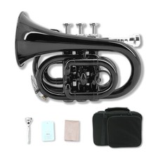 Black Bb Pocket Trumpet Brass Lacquer Trumpet 7C Mouthpiece, Hard Case, Strap