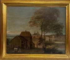 Antico Dipinto fiammingo, olio su tela, XVIII secolo, paesaggio