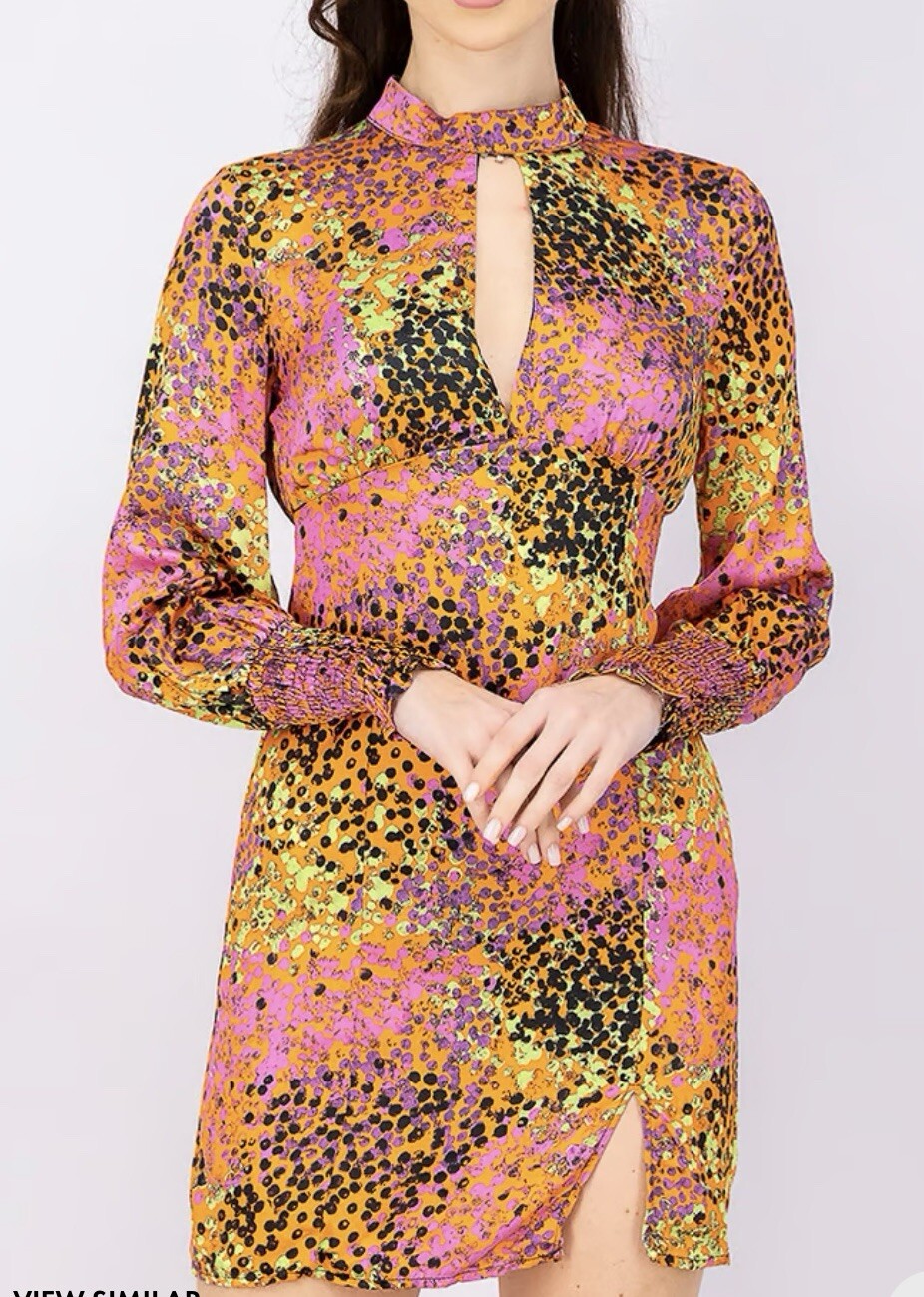 Bershka Women Printed Long Sleeve Mini Dress Orange Combo Sz XS
