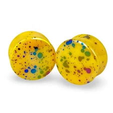 Pair of Yellow Opalescent Splatter Acrylic Plugs Double Flare (PA-413) gauges