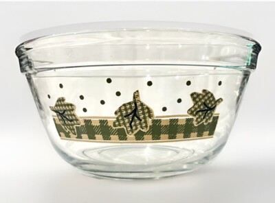 Anchor Hocking Clear Plaid Green leaf Mixing Bowl 2.5 Qt USA 1058