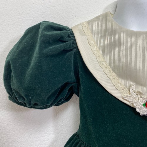 Vintage Girls Velvet Dress Size 5 Hunter Green White Lace Satin Bib Collar Party - Picture 4 of 10