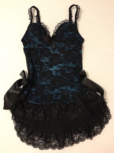 Pure Beauty Rene Rofe Bustier Top Sz Small Coquette Black Floral Lace Blue Bows