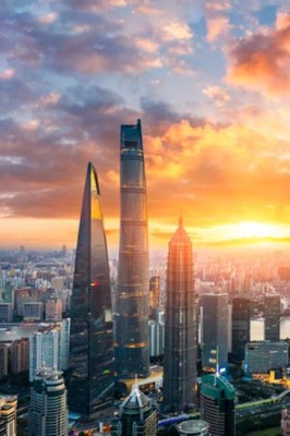 Wandbild: Luftaufnahme der Skyline und des Stadtbildes von Shanghai bei [...]