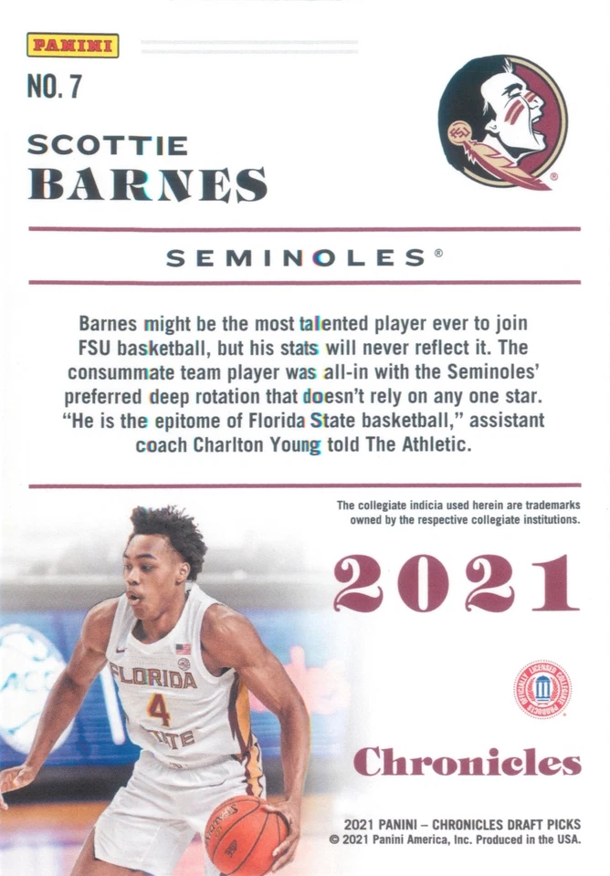 Scottie Barnes RC 2021 Chronicles Draft Picks NBA Base Rookie Card #7 Florida - Image 2 of 2