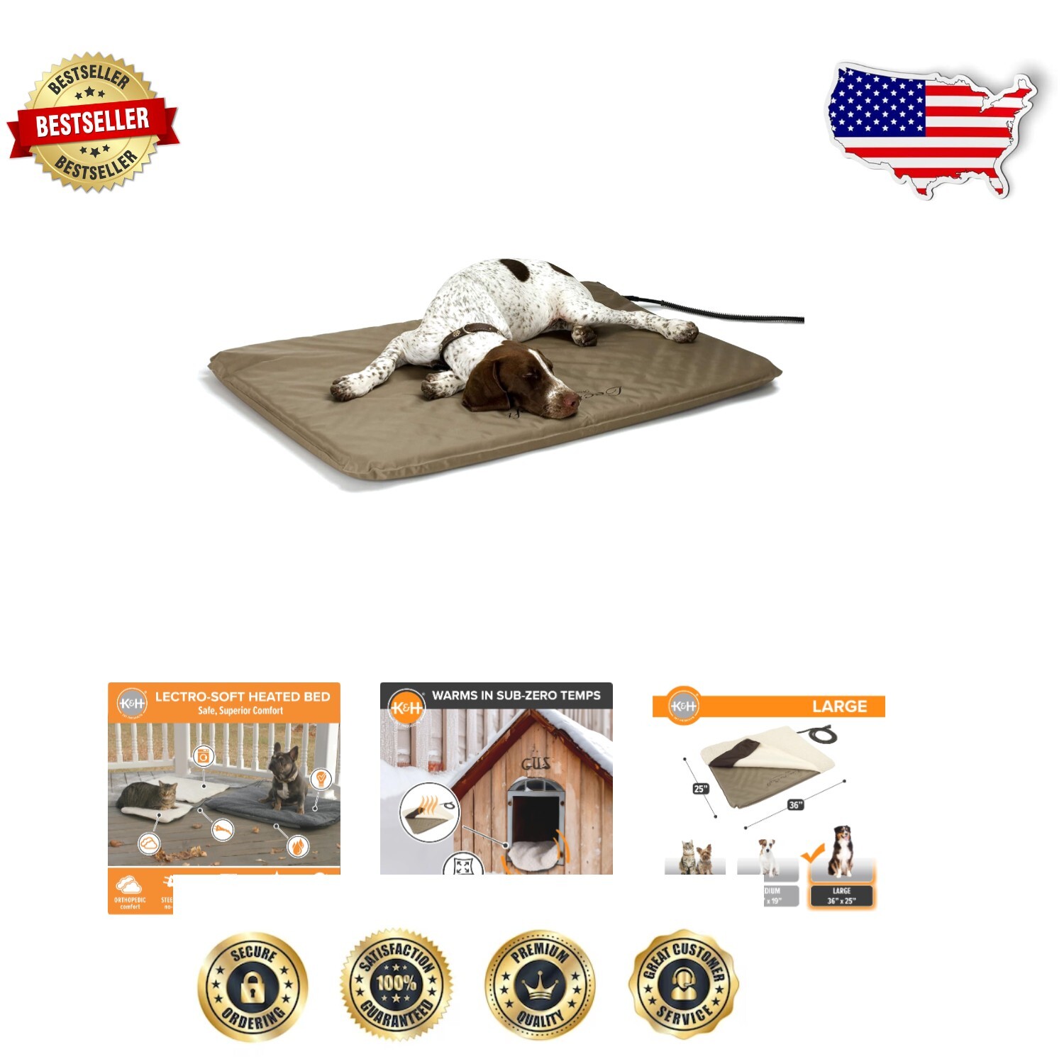 K&H Lectro-Soft Large Heated Outdoor Dog Bed – Waterproof & Orthopedic 36x25