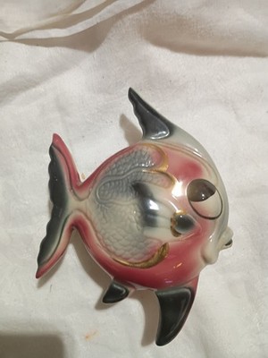Vintage Angel Fish Wall Pocket Pink Black Gold Mid Century MCM 