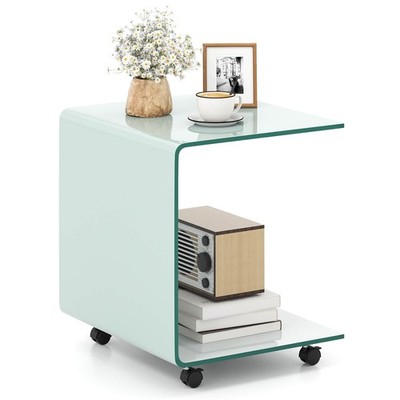 C-Shaped End Table w/2-tier shelf, 4 Swivel Lockable Wheels for Living Room