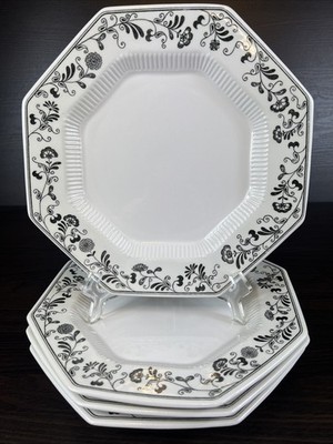 4 Independence Ironstone Japan Millbrook Octagonal Dinner Plates Black Floral