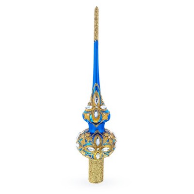 Dimensional Diamond Stars Blue and Gold Mouth Blown Glass Tree Topper 11 Inches