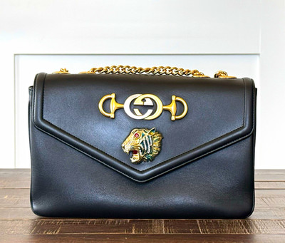 Gucci Tiger Black Flap Shoulder Bag Gold Chain Strap Logo Accents Gold Hardware