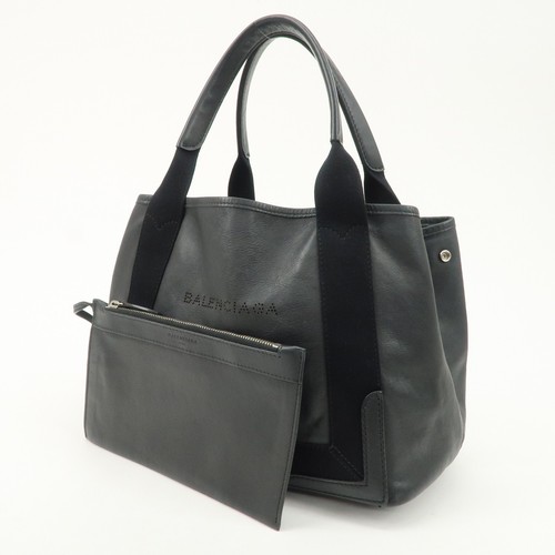 Auth BALENCIAGA Leather Navy Cabas S Tote Bag Hand Bag Black 339933 Used F/S - Picture 23 of 23
