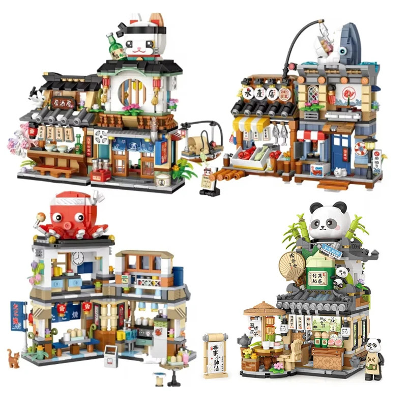 Klemmbausteine Street View Set Izakaya Eisladen Coffee Shop Panda Teehaus Modell
