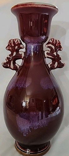 Vaso porcellana smaltata rosso flambé cinese vintage drago/foo cane manici 14,25"T - Foto 4 di 14