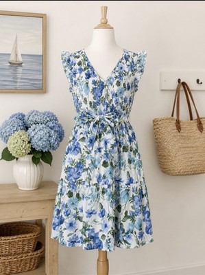 Laura Ashley Blue Floral Smocked Midi Dress Cottagecore Coquette Coastal Size XL