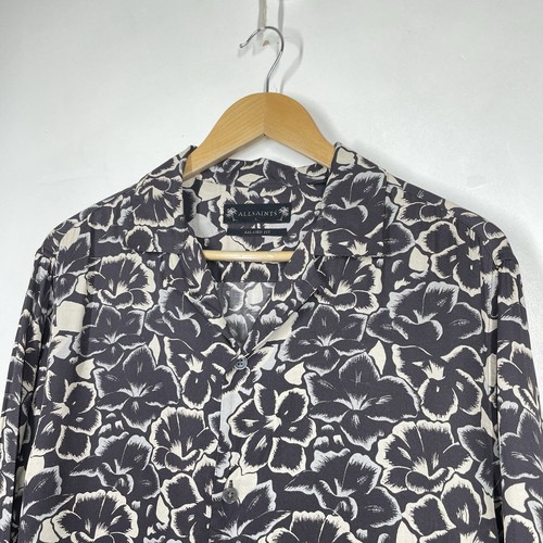 All Saints Shirt Mens L Blue Cream Floral Pattern Hawaiian Holiday Tiergarten LS - Picture 2 of 8