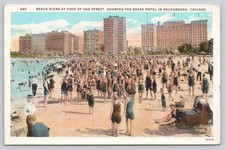 Vintage Oak Street Beach Chicago Postcard with Drake Hotel White Border