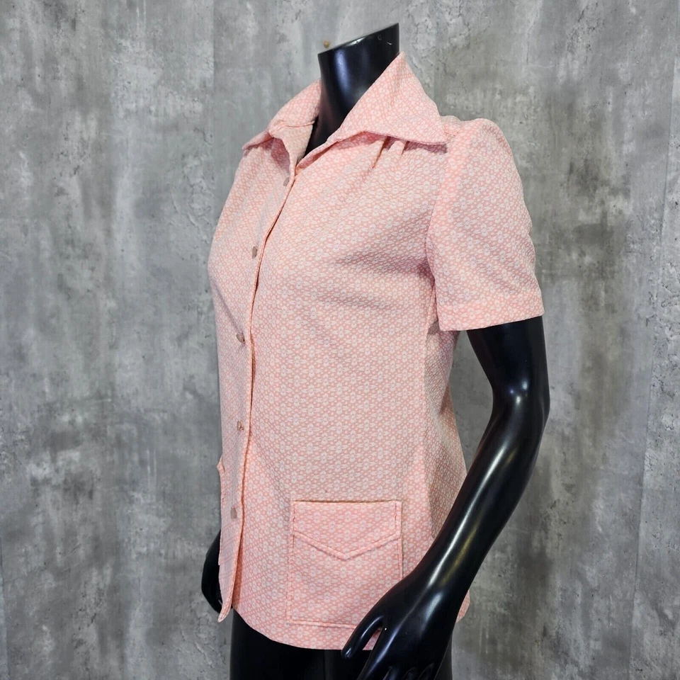 Blusa Top Floral Melocotón Vintage Años 70 Manga Corta Cuello Daga Bolsillos Retro M Foto 4 de 4
