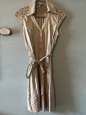 Max & Cleo Beige Khaki Sundress Cap Sleeves Women s XS With Eyelets