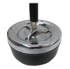 VINTAGE ROUND PUSH-DOWN ROTATING ASHTRAY METAL ON MATTE BLACK BASE