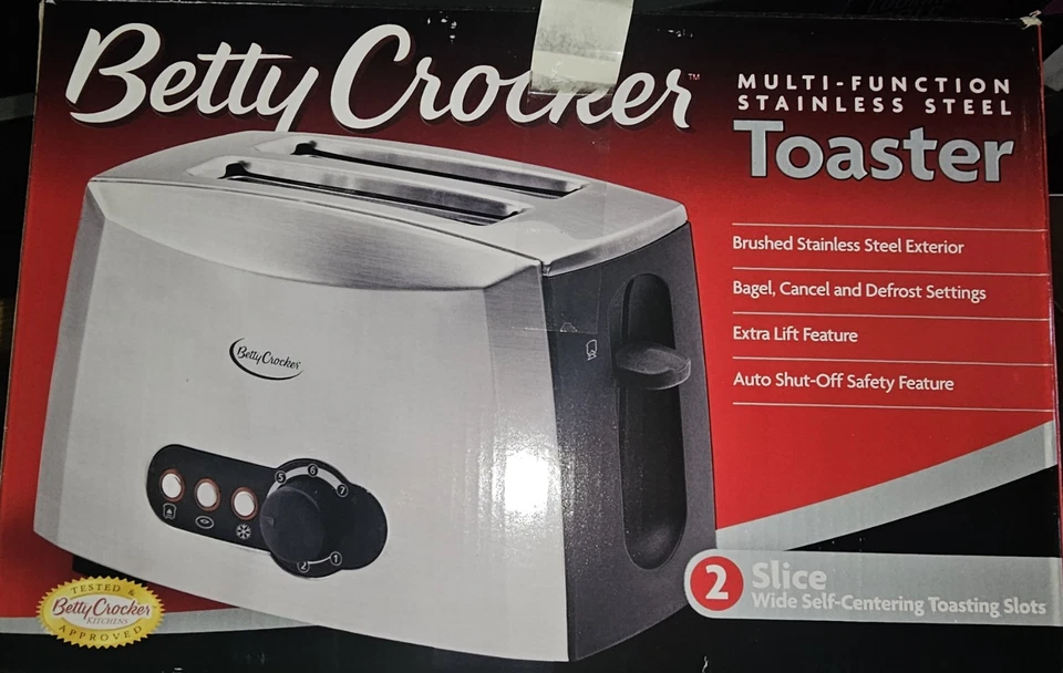 Tostadora Betty Crocker 2 Rebanadas Ranuras Anchas, Multifunción, Acero Inoxidable, Nueva Foto 2 de 3