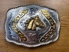 Large Gold and Silver Tone Horse Head Belt Buckle
