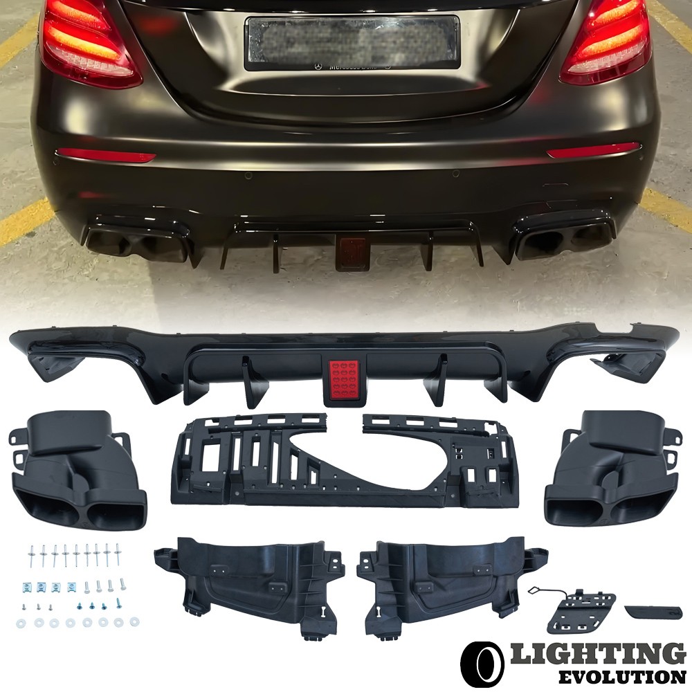 For 2016-2020 Benz W213 E300 E43 E63 F1 Style Rear Diffuser W/LED+Exhaust Tips