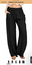 Womens Black Wide-Leg Pants Drawstring Elasti...