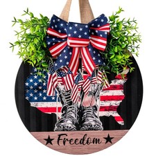 4th of July Hanging Door Sign - Patriotic Wooden Welcome Wreath for Front Doo...