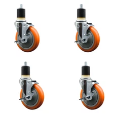 5 Inch SS Orange Poly Swivel 1-7/8 Inch Expanding Stem Caster Set with Brake SCC