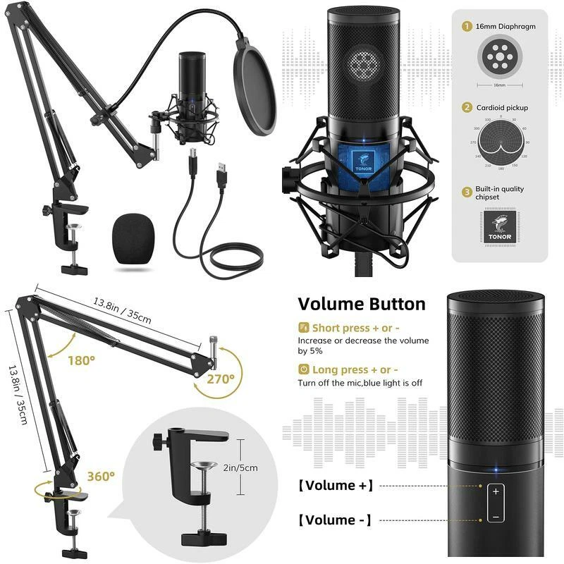 TONOR USB Microphone Kit, Streaming Podcast PC Condenser Computer Mic for  Gaming