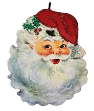 SANTA CLAUS w WONDERFUL BEARD, HOLLY on HAT Glitter CHRISTMAS ORNAMENT * Vtg Img