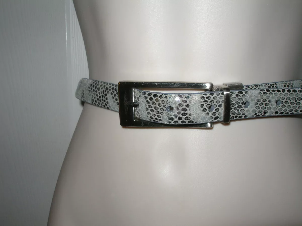 Women s Thin Medium Waist Belt Silver Gray Faux Snakeskin Fits 30