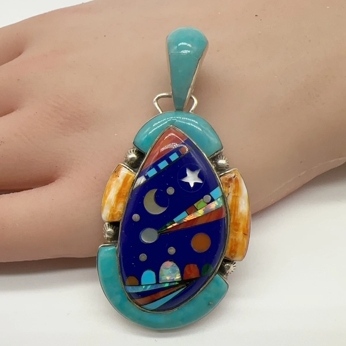 Pendentif Argent Massif Navajo - Micro-incrustation Pierres Multiples - Fait Main Par Ray Jack