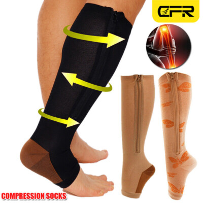 Pair Open Toe Zipper Compression Socks Calf Knee High Graduated Support Stock