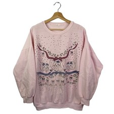 VTG 90s Crazy Cat Lady All Over Cat Print Pink Pastel Kitten Sweatshirt Size XL