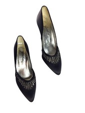 VTG Garolini of Italy Black Satin Formal Dressy Pumps Heels Jeweled 6.5 NEW DS