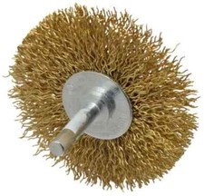 Crimped Brass Wire Wheel Brush: 3" Diam, 1/4" Shank, 3/8" Face Width, 7/8" Trim