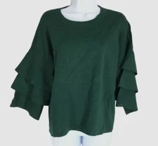$69 Inc International Concepts Womens Green Ribbed Crew Neck Tiered Sleeve Top L