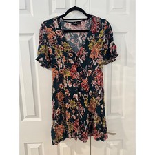 Lulus Floral Button Down Mini Dress Dark Teal Orange V-Neck Rayon Small D1248