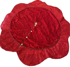 56" W Crushed Velvet Tree Skirt Scalloped Edge W Gold Holly Design Red Gold Rope